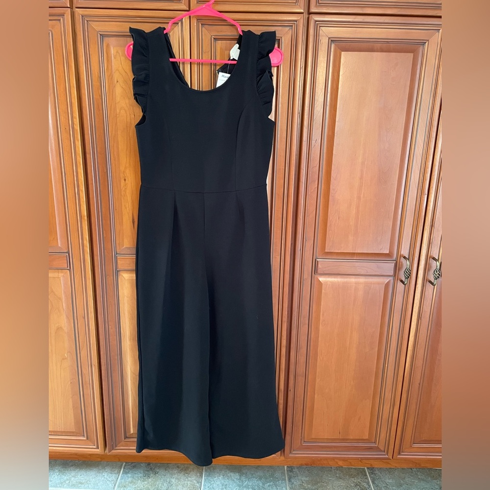 Caution To The Wind Black Ruffle-Shoulder Wide-Leg Jumpsuit
